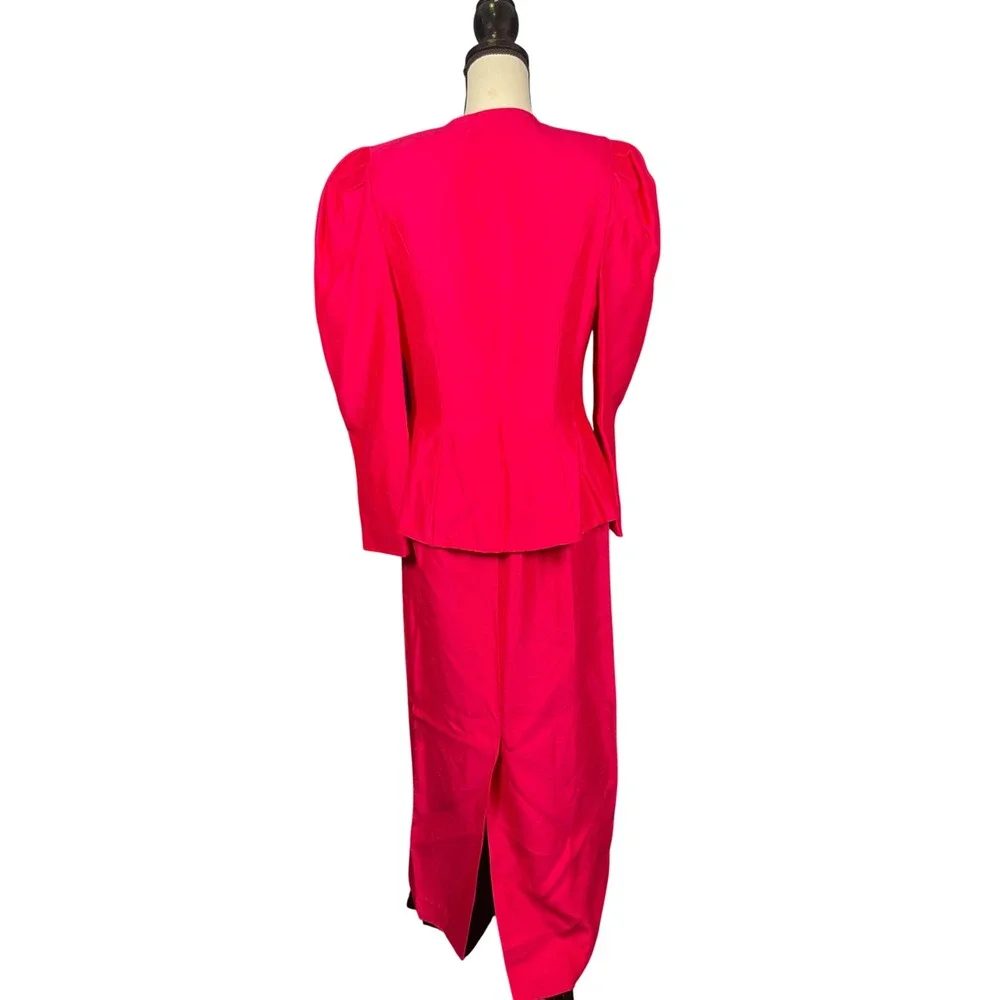 Vintage 80s Hot Pink Maxi Skirt Suit Set S/M Hot Pink Pearl Puff Sleeve USA Glam